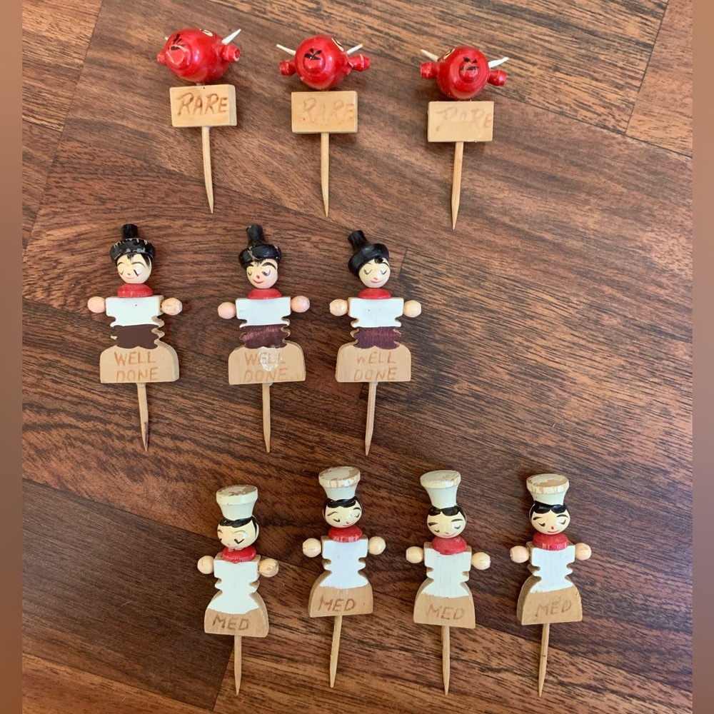 Vintage 1950's Wooden Meat Markers Lot Of 10 Rare, Medium And Well Done